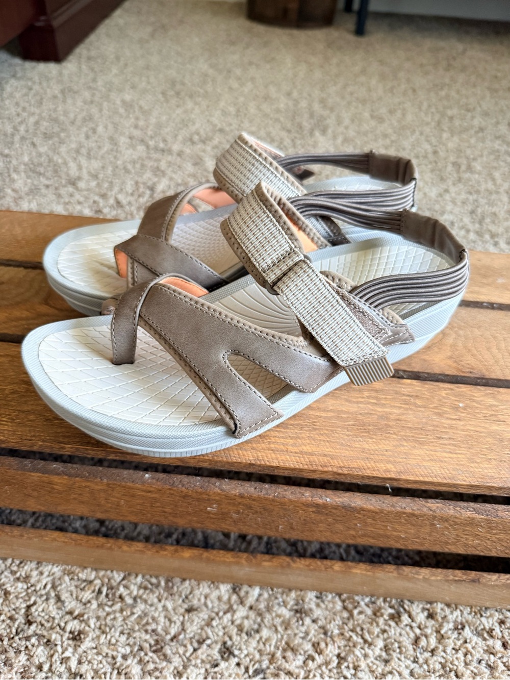 BareTraps Taupe and Cream Women's Adjustable Strap Sandals